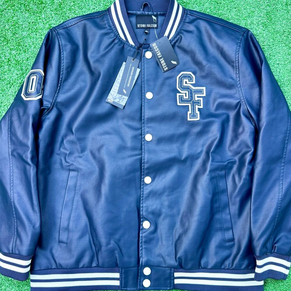 Stone Falcon Navy Blue Faux Leather Varsity Bomber Jacket 03 New With Tags